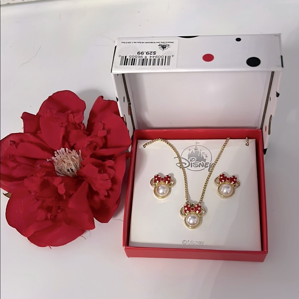 Disney NWT Gold and Red Heart Earrings with Matching Necklace
